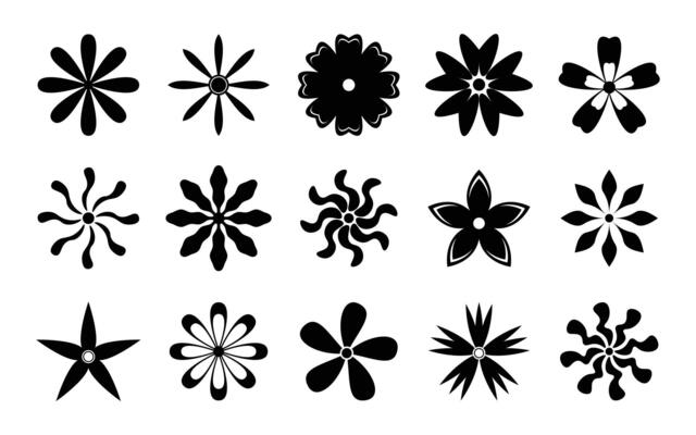 A set of black and white flowers on a white background