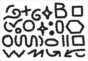 Abstract black symbols with rough hand-drawn edges on a white background. Geometric and organic shapes create a unique artistic composition, perfect for design, backgrounds, and creative projects. vector
