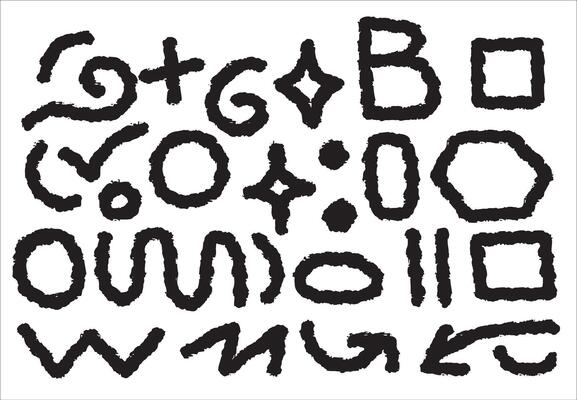 Abstract black symbols with rough hand-drawn edges on a white background. Geometric and organic shapes create a unique artistic composition, perfect for design, backgrounds, and creative projects.