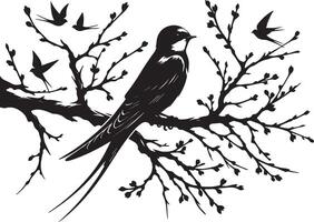 A detailed illustration showcases a swallow perched on a blossoming branch, with other swallows in flight. The image is rendered in a striking monochrome style. vector