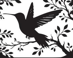 Hummingbird silhouette on branch with leaves vector
