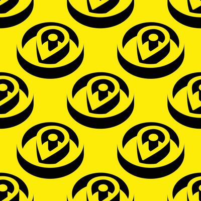 Isometric pattern of location pin icons in bold 3D circular frames on yellow background. Negative space design representing GPS, maps, and navigation concepts.