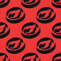 Isometric pattern of flame icons inside bold circular 3D frames on red background. Stylized fire symbol with negative space for energy, safety or emergency-related design. vector