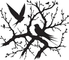 Silhouette of birds on a leafless tree branch vector