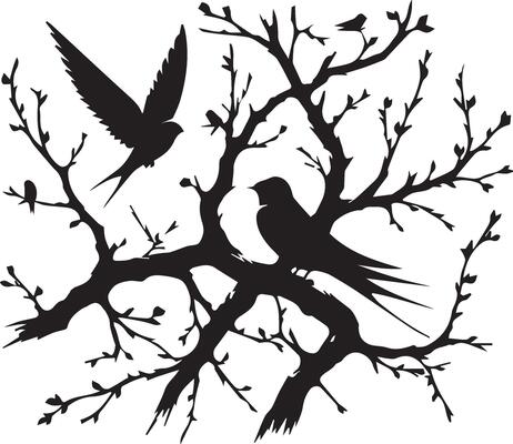 Silhouette of birds on a leafless tree branch