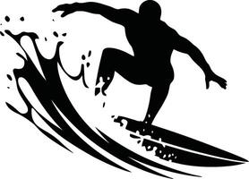 Dynamic surfer silhouette riding a wave vector