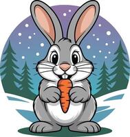 A cartoon rabbit holding a carrot in front of a snowy background vector