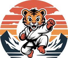A tiger in karate gear is running in the mountains vector