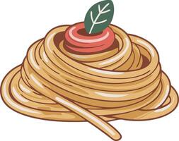 Spaghetti with tomato and leaf on top vector