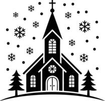 A church with snowflakes and trees in the background vector