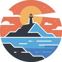 A lighthouse on a hill with a sun in the background vector