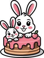 Bunny cake with pink icing and two rabbits vector