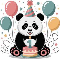 Panda bear with birthday cake and balloons vector