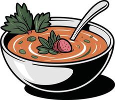 A bowl of soup with a spoon and a garnish vector
