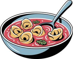 A bowl of soup with tortellini in it vector