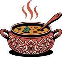 A bowl of soup with a spoon and a hot pot vector