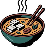 A bowl of soup with chopsticks and tofu vector