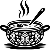 A black and white illustration of a pot with a spoon vector