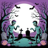 Two zombies in the graveyard with a full moon vector