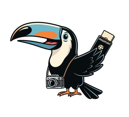 Toucan bird with camera and passport
