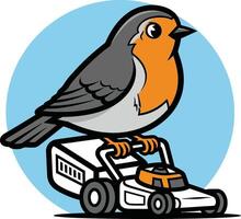 A cartoon bird sitting on top of a lawn mower vector