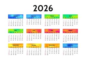 Calendar for 2026 isolated on a white background. Sunday to Monday, template. vector