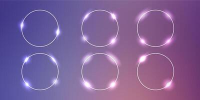 Set of six neon circle frames with shining effects and sparkles on purple background. Empty glowing techno backdrop. illustration vector
