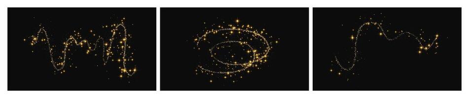 Gold glittering confetti wave and stardust. Set of three with golden magical sparkles on dark . vector