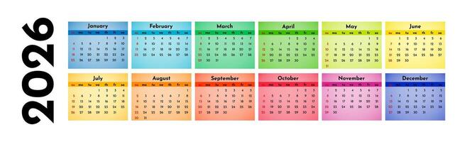 Horizontal calendar for 2026 isolated on a white . Sunday to Monday, business template. vector