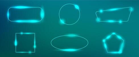 Set of six neon frames in different geometric forms with shining effects and sparkles on dark green background. Empty glowing techno backdrop. illustration vector