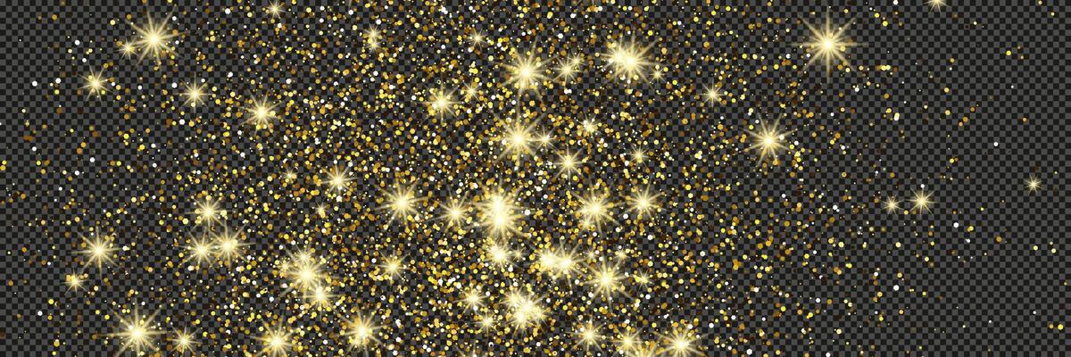 Gold glittering dust with stars on a gray background. Dust with gold glitter effect and empty space for your text.