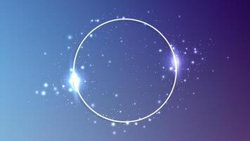 Neon circle frame with shining effects and sparkles on dark blue background. Empty glowing techno backdrop. illustration vector