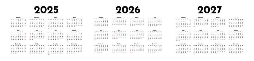 Set of three calendars for 2025, 2026 and 2027 isolated on a white background. Sunday to Monday, business template. vector