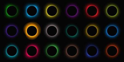 Circle illuminate frame with gradient. Big set of round neon banners isolated on black background. illustration vector