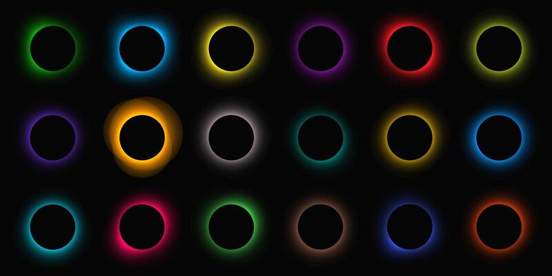 Circle illuminate frame with gradient. Big set of round neon banners isolated on black background. illustration