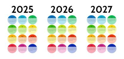 Set of three vertical calendars for 2025, 2026 and 2027 isolated on a white background. Sunday to Monday, template. vector
