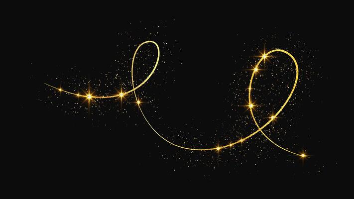 Gold glittering confetti wave and stardust. Golden magical sparkles on dark .