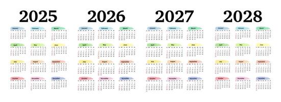 Set of four calendars for 2025, 2026, 2027 and 2028 isolated on a white background. Sunday to Monday, template. illustration vector