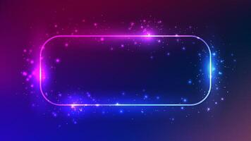 Neon rounded rectangle frame with effects and sparkles on dark purple background. Empty glowing techno backdrop. illustration vector