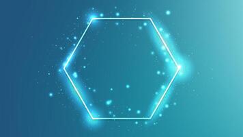 Neon hexagon frame with shining effects and sparkles on blue background. Empty glowing techno backdrop. illustration vector