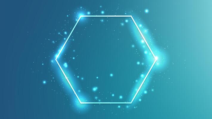 Neon hexagon frame with shining effects and sparkles on blue background. Empty glowing techno backdrop. illustration
