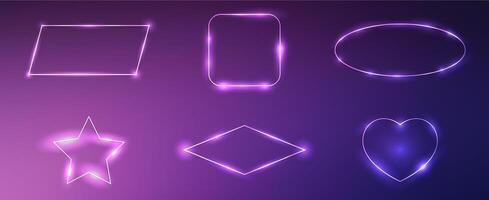 Set of six neon frames in geometric forms with shining effects and sparkles on dark purple background. Empty glowing techno backdrop. illustration vector