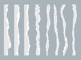 White ripped paper strips collection. Realistic paper scraps with torn edges. Sticky notes, shreds of notebook pages illustration. vector