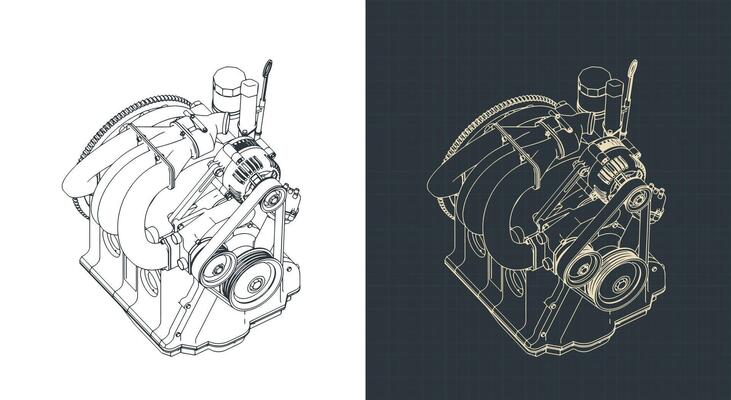 Wankel rotary engine isometric blueprints illustration