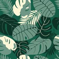 Lush tropical foliage seamless pattern with palm and monstera leaves for digital backgrounds and web design. illustration vector