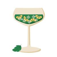 Retro summer cocktail in glass with leaf, lime and ice. Flat illustration isolated on white background vector