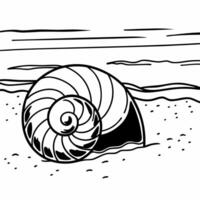 A black and white drawing of a shell on the beach sands vector