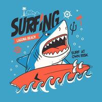 Humorous surfing illustration with a shark and surfboard on waves vector