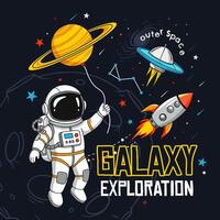 Fun cartoon astronaut holding a Saturn balloon, with a rocket and UFO in space vector