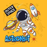 Cute cartoon astronaut floating in space with a rocket and planet vector